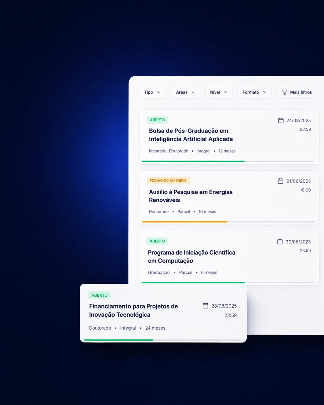 Painel do Editafy mostrando uma lista de editais com pílulas de status, prazos e um card de destaque com inscrições abertas.