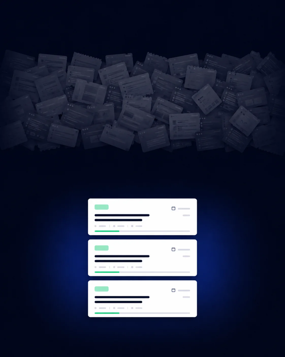 Composição em contraste: à esquerda, uma pilha desorganizada de janelas e papéis sobrepostos; à direita, três cards de edital alinhados e organizados.