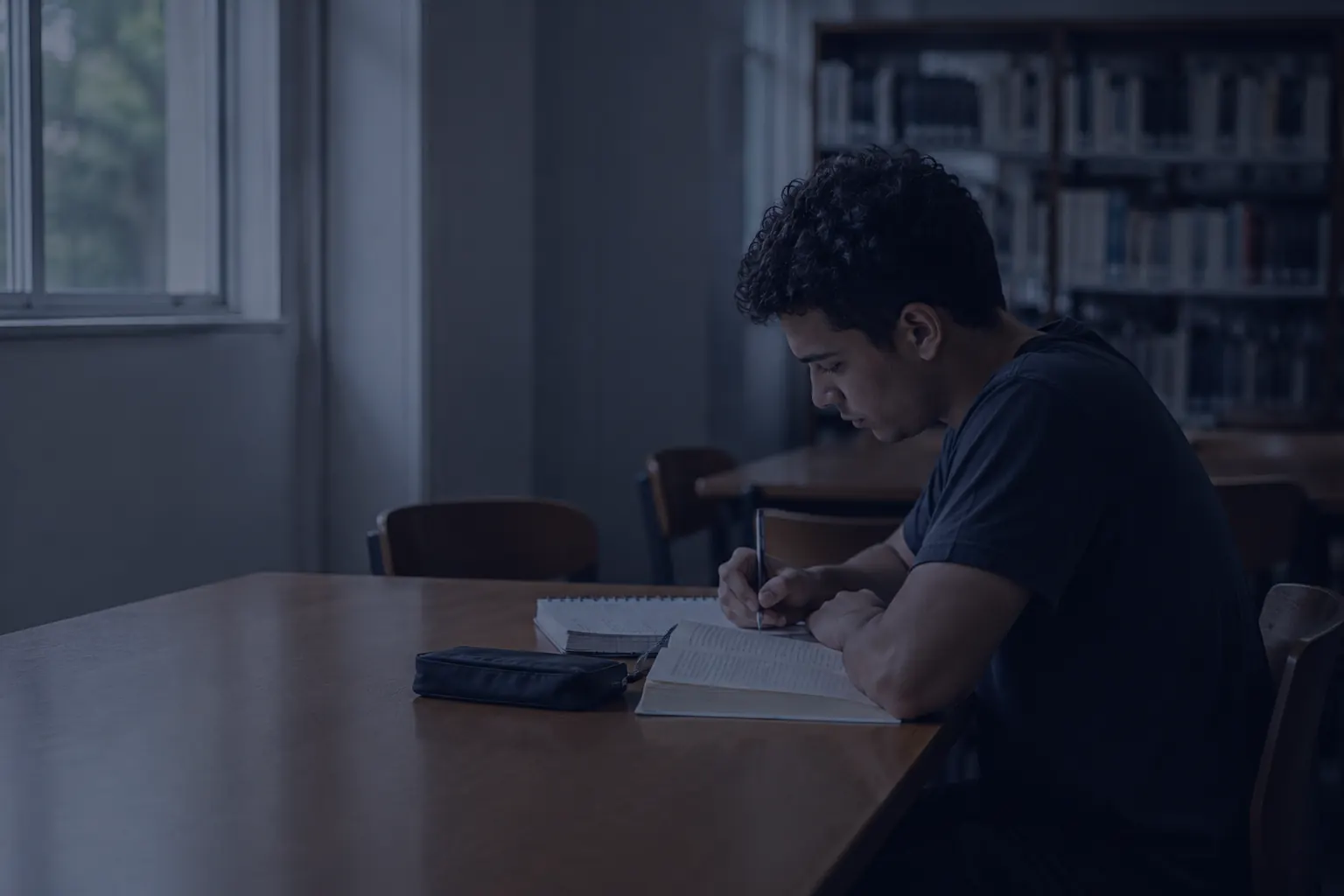 Estudante concentrado, estudando em uma mesa de biblioteca.