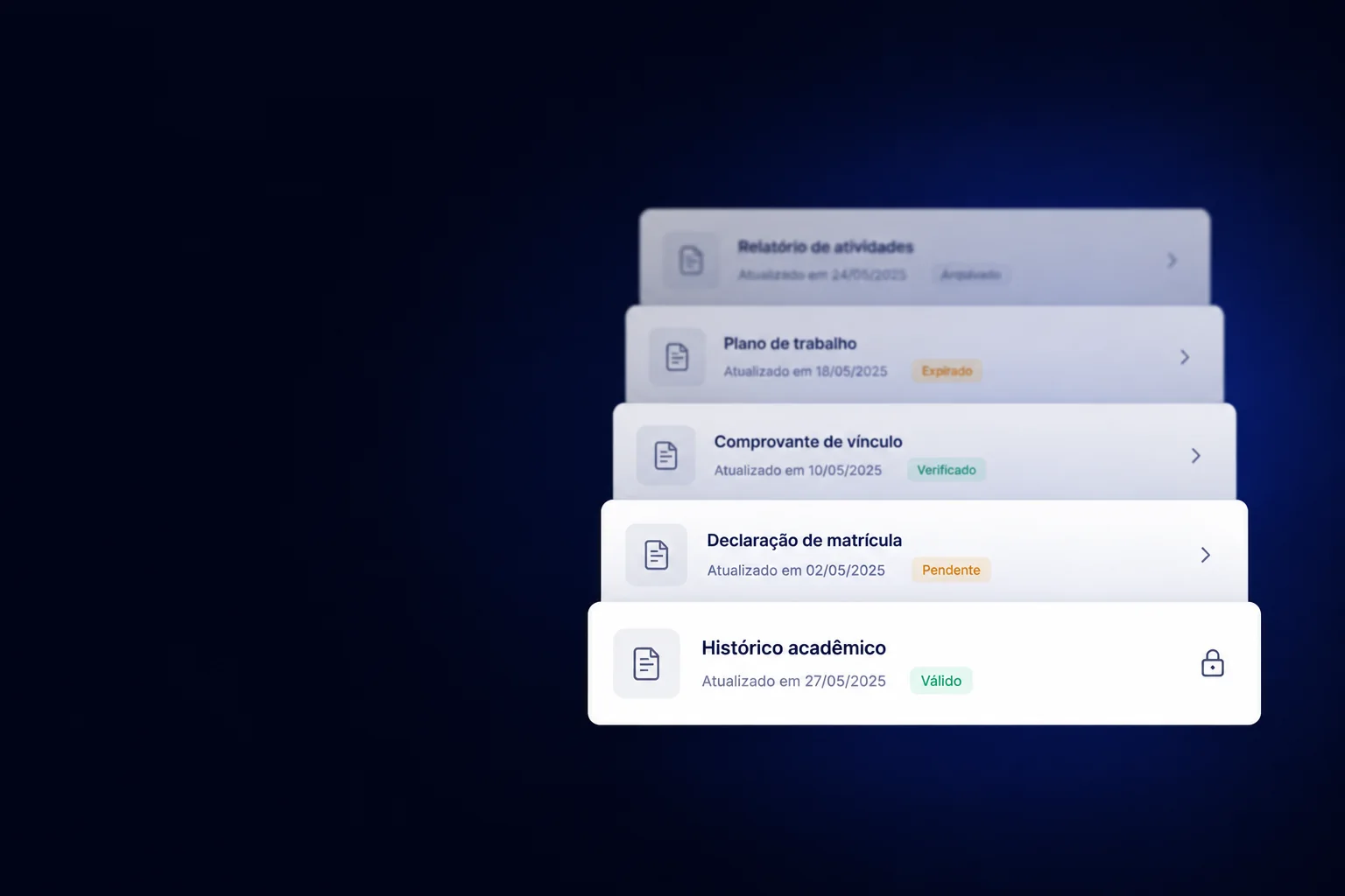 Pilha organizada de documentos com status de validação, o da frente marcado como verificado.